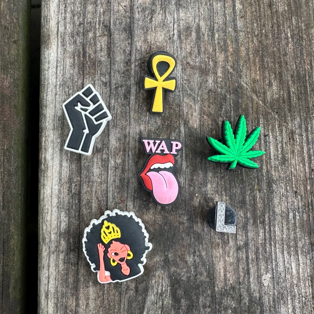 Croc Pins Jibbitz Lot 6 Pc Shoe Charms Black Power Ankh Cannabis WAP Afro Queen